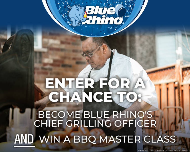 Chef grilling on a propane standup grill, with sweepstakes text overlayed on the image.