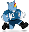 Blue cartoon rhino running while carrying tanks of propane